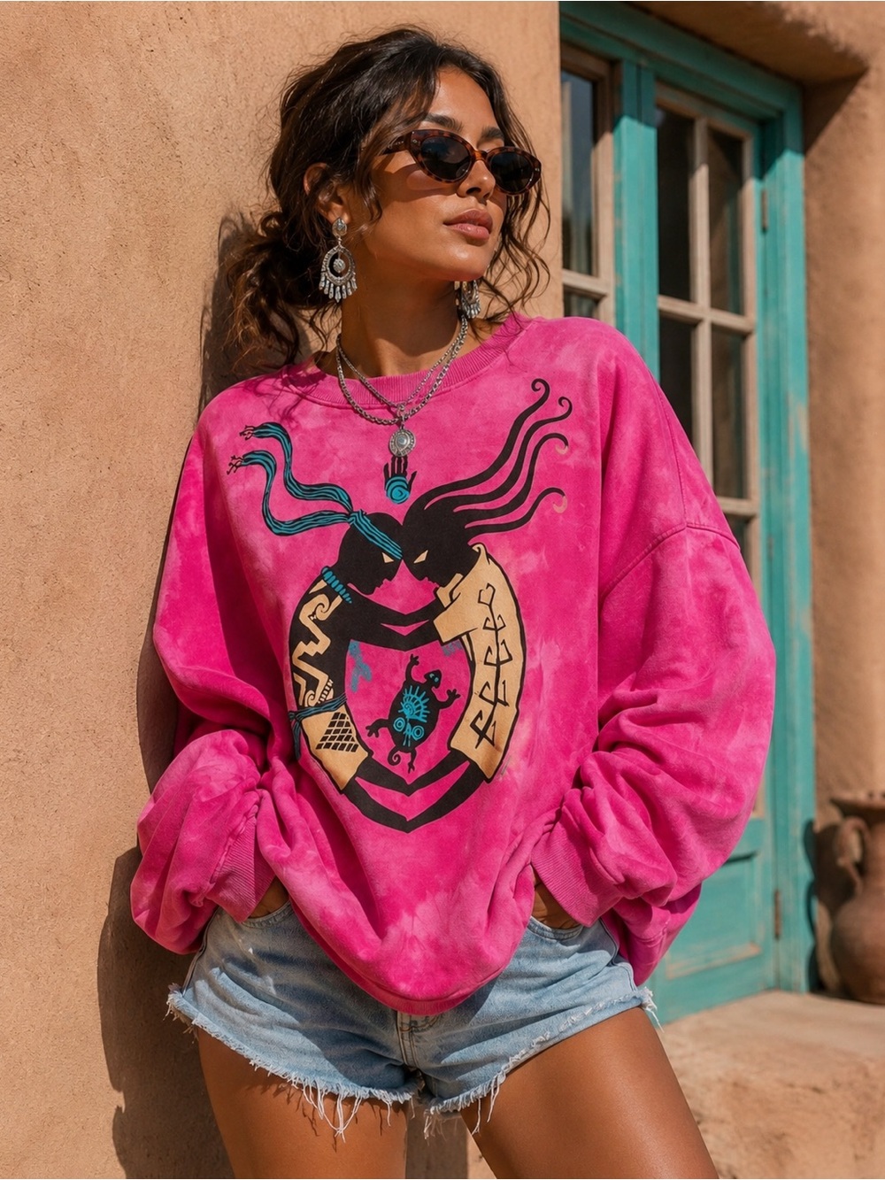 Vintage 90s Dagoli Kokopelli Santa Fe Art Pink Oversized Tie Dye Sweatshirt XXL